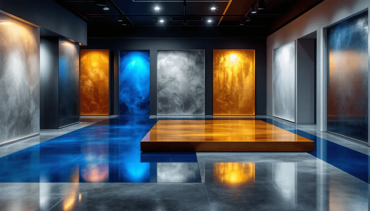 Different types of epoxy floor coatings displayed in a showroom.