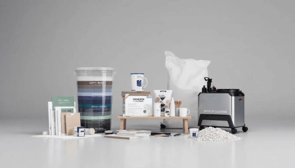 Cost considerations for epoxy floor coatings represented by a calculator and materials.