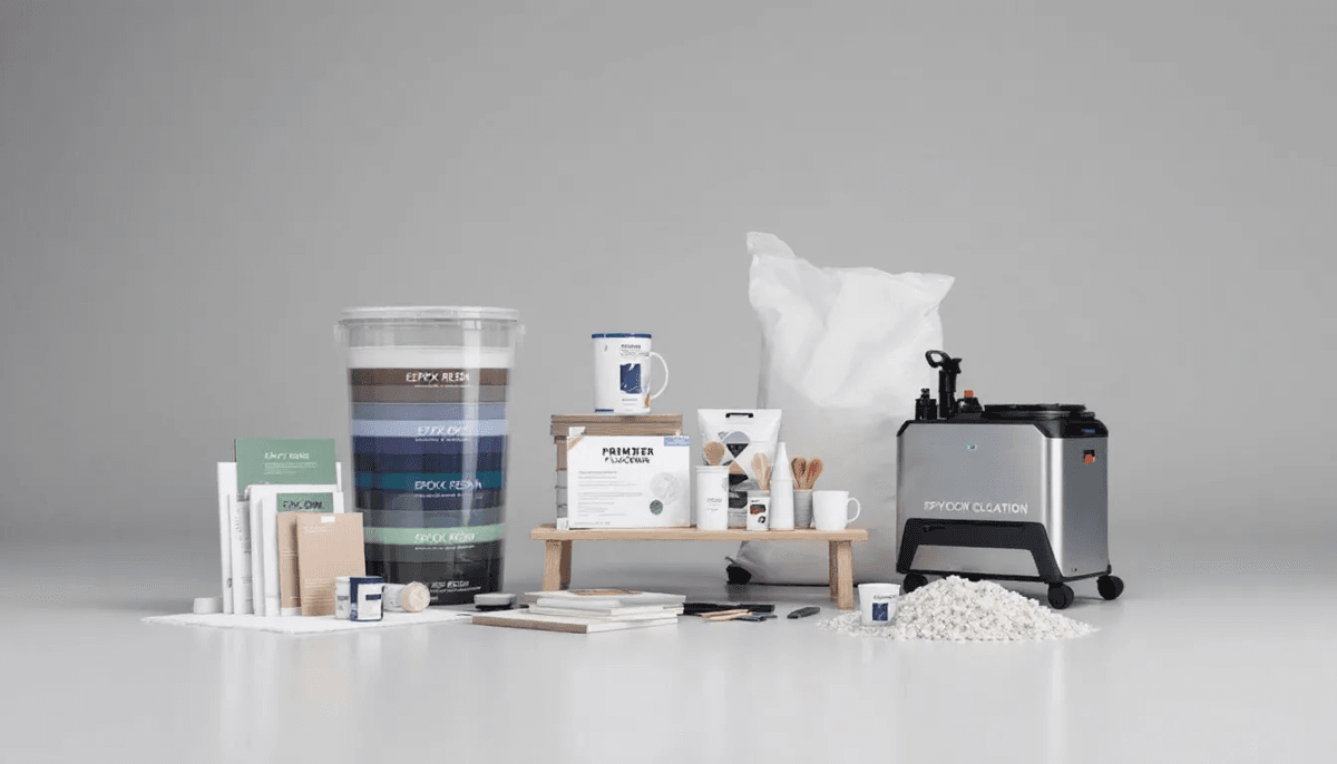 Cost considerations for epoxy floor coatings represented by a calculator and materials.