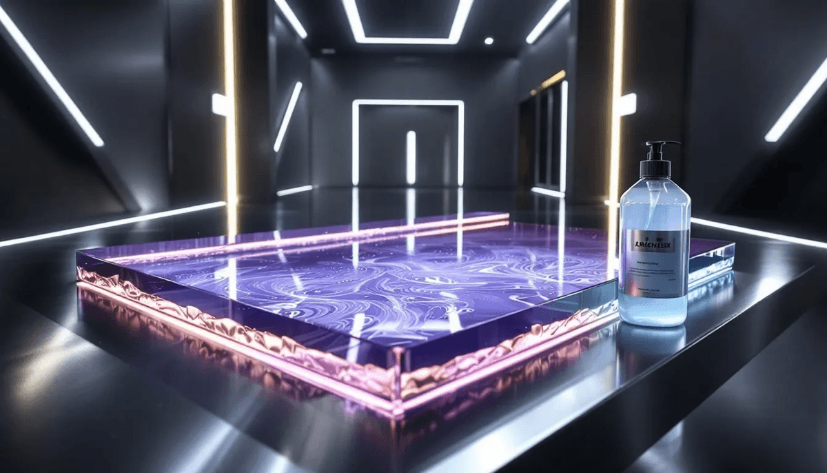 Components of epoxy floor coatings including resin and hardener.