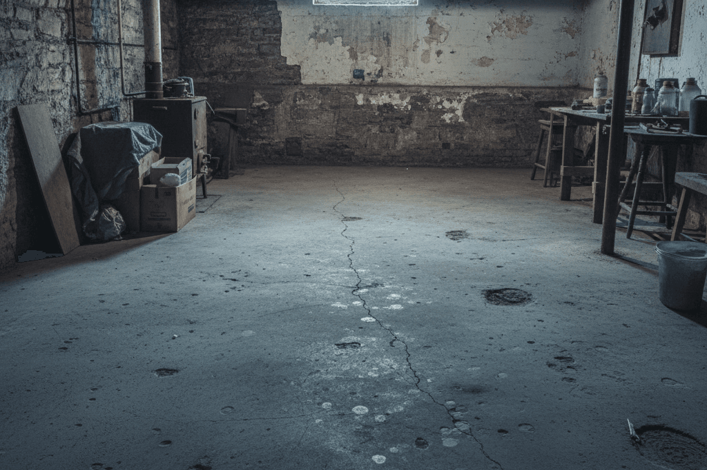Chicago basement with cracked concrete, moisture spots, and surface pitting