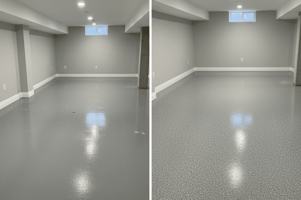 Basement epoxy vs custom coating comparison showing durability and moisture