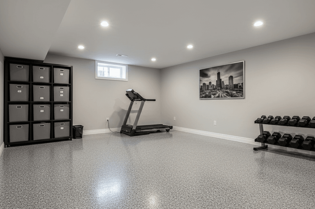 Chicago basement with custom polyurea floor coating and decorative flakes