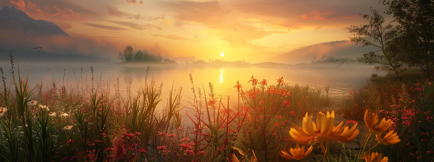 Sunrise over lake with mist and wildflowers