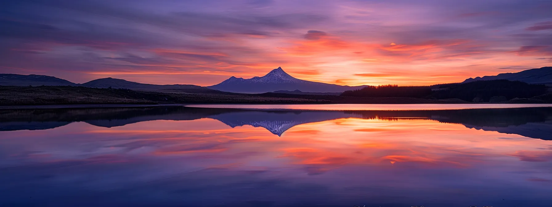 Sunset over tranquil lake with mountain silhouette
