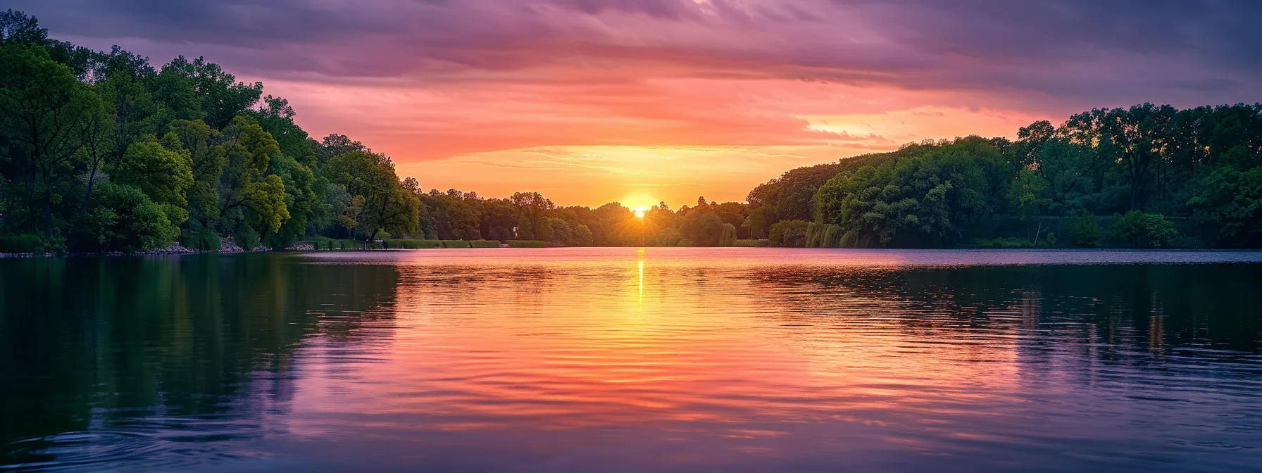 Serene sunset over lake reflecting oranges and purples