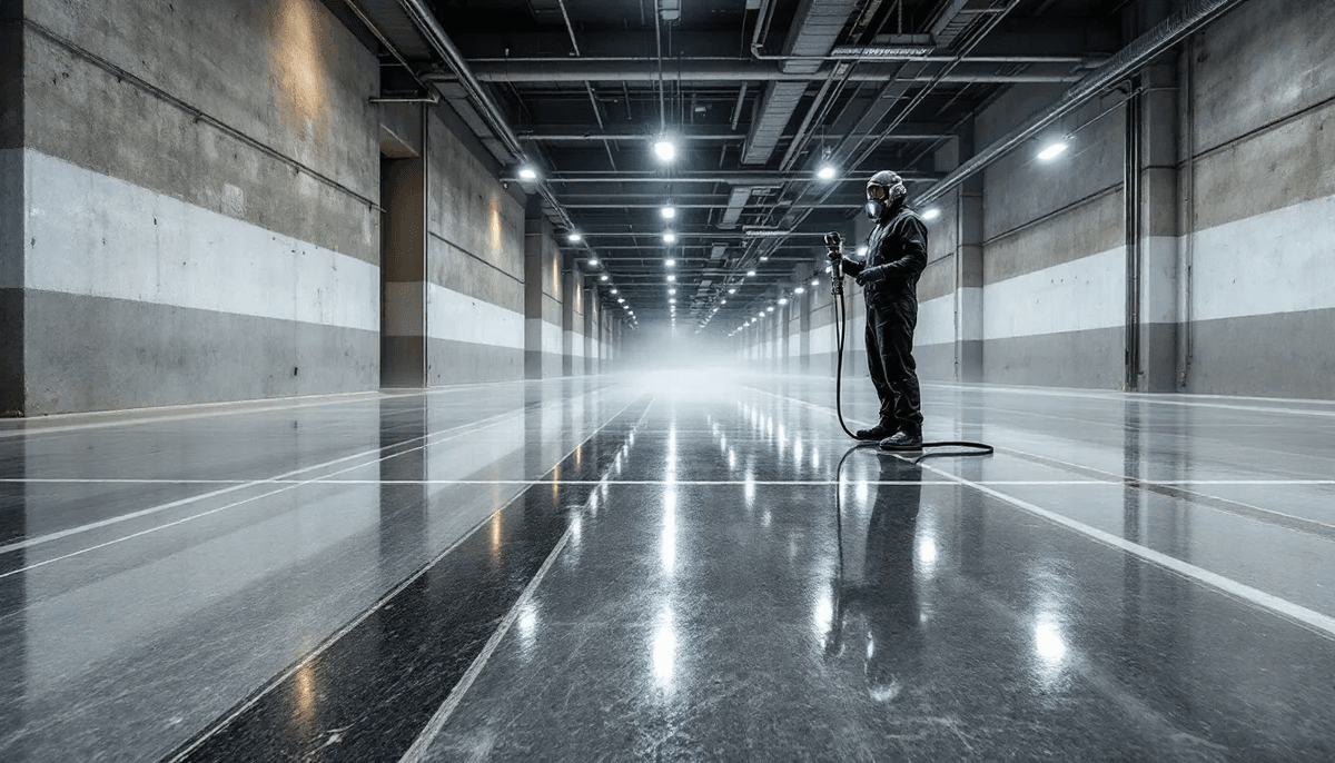 A professional applying epoxy floor coating in a commercial space.