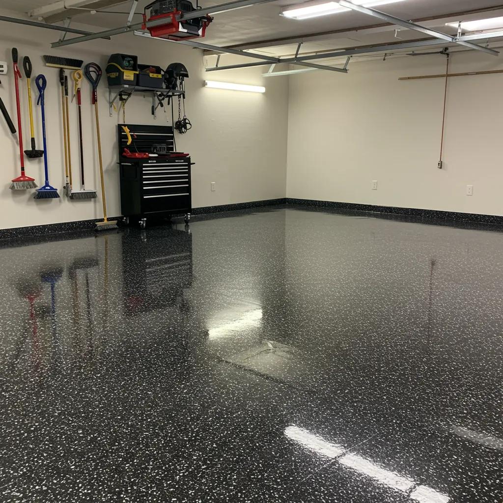 Clean epoxy garage floor in a Chicago home with tools and cleaning supplies