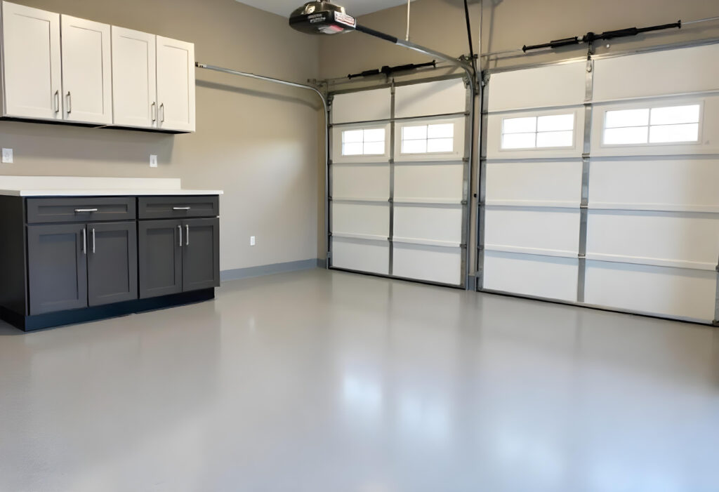 Garage with epoxy floor showing proper install temperature and humidity