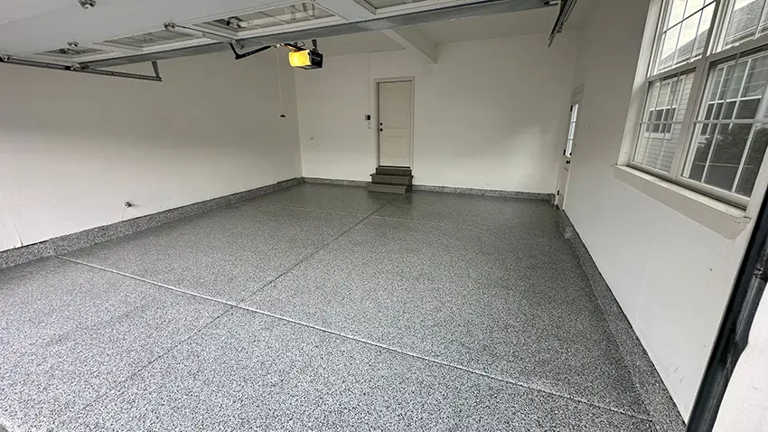 Finished epoxy flake garage floor, Northbrook IL