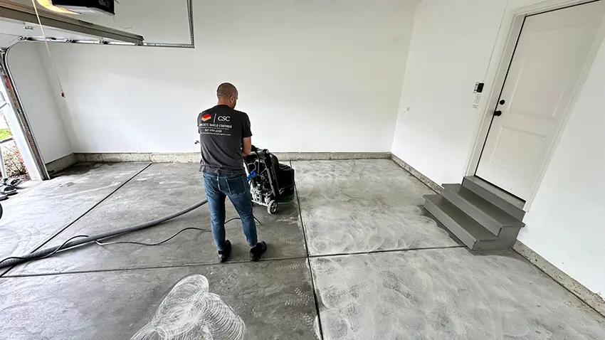 Stained concrete before epoxy coating, Northbrook IL