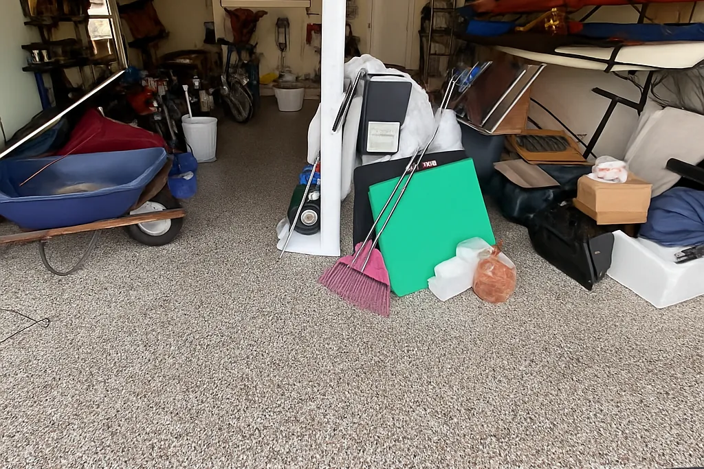Digital flake color render of a garage floor coating shown on the homeowner's own garage photo before installation