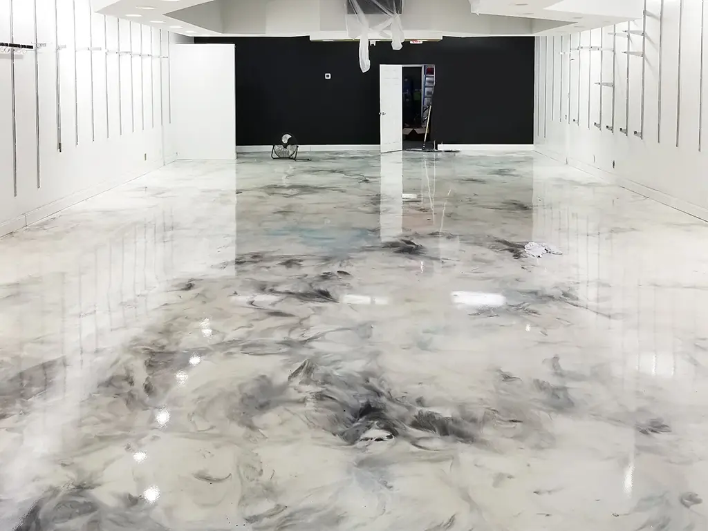 Metallic epoxy flooring in a commercial interior