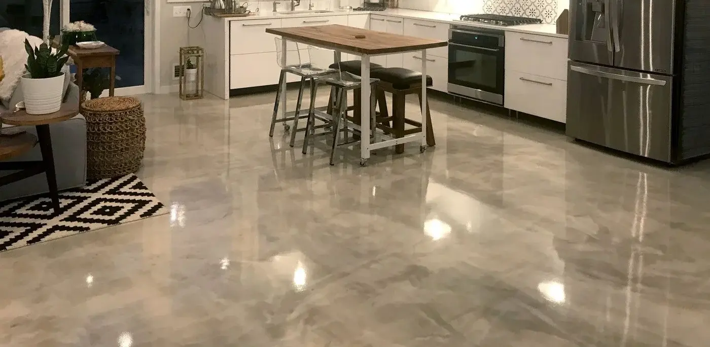 Metallic epoxy floor in a modern kitchen
