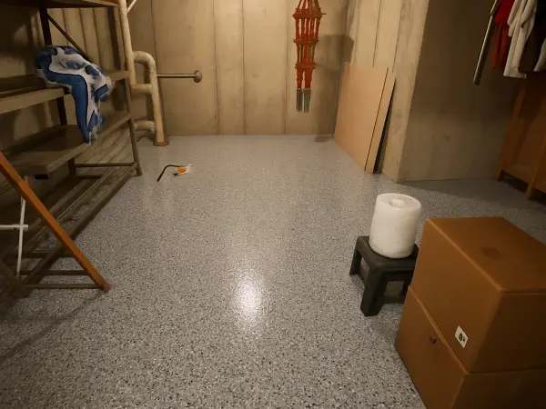 Finished polyurea basement floor in Lockport with gray flake and glossy sheen