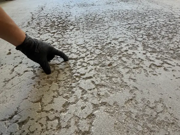 Pitted and spalled garage floor concrete inspected before grinding