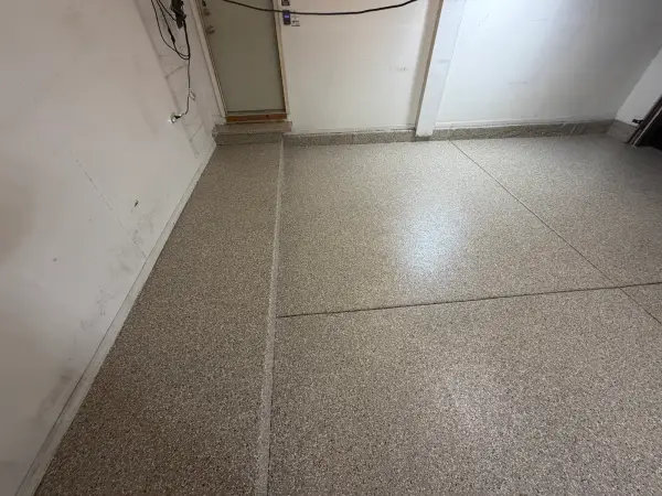 Creekbed flake garage floor with coated step and stem walls near door