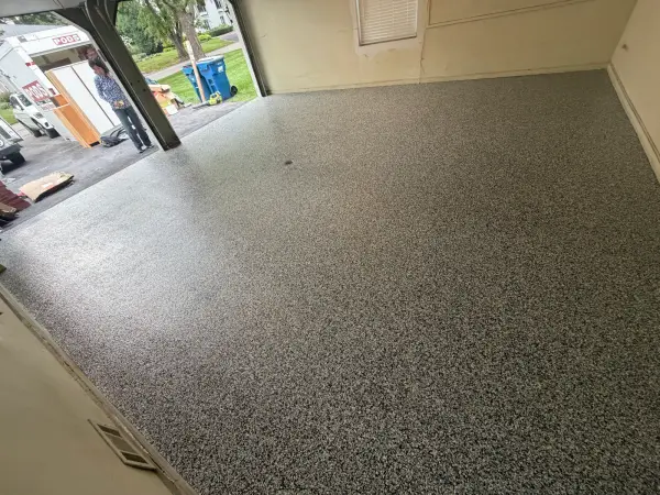Completed polyurea flake garage floor in Hinsdale, IL with Domino blend