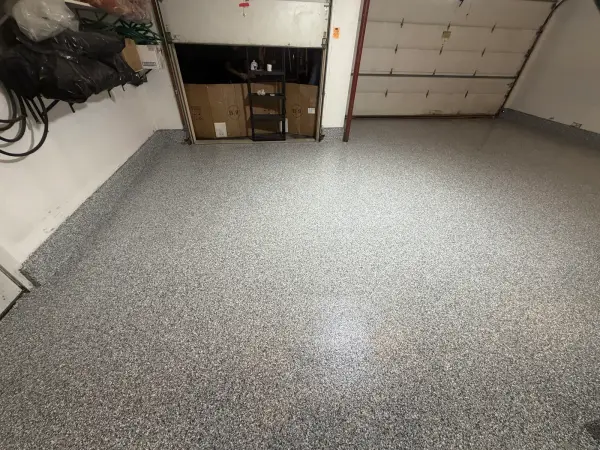 Two-car garage floor coated in gravel flake polyurea, Inverness, IL